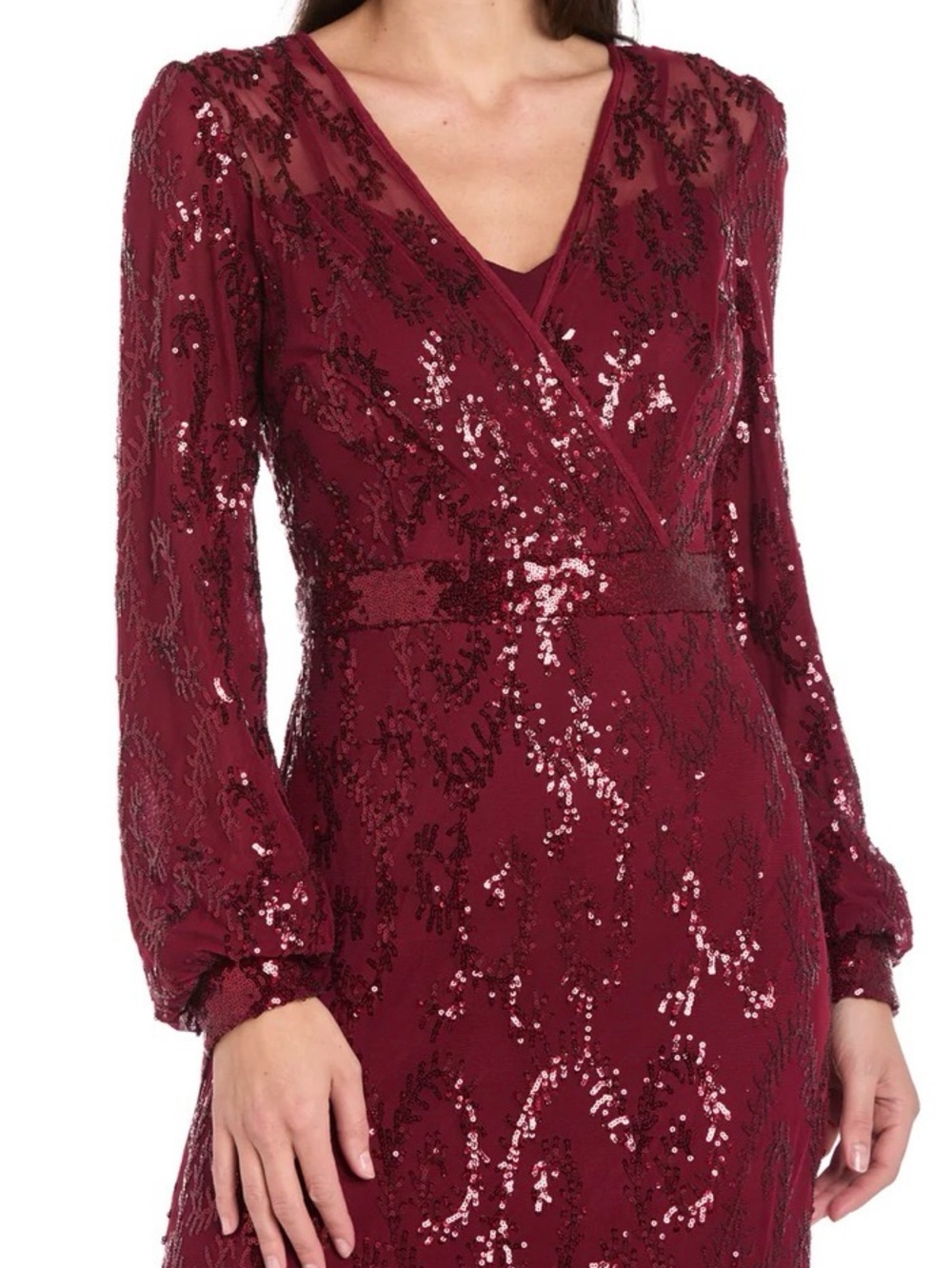 R&M Richards Sequin Wrap V-Neck Long Sleeve Dress - Merlot size 12 NWT